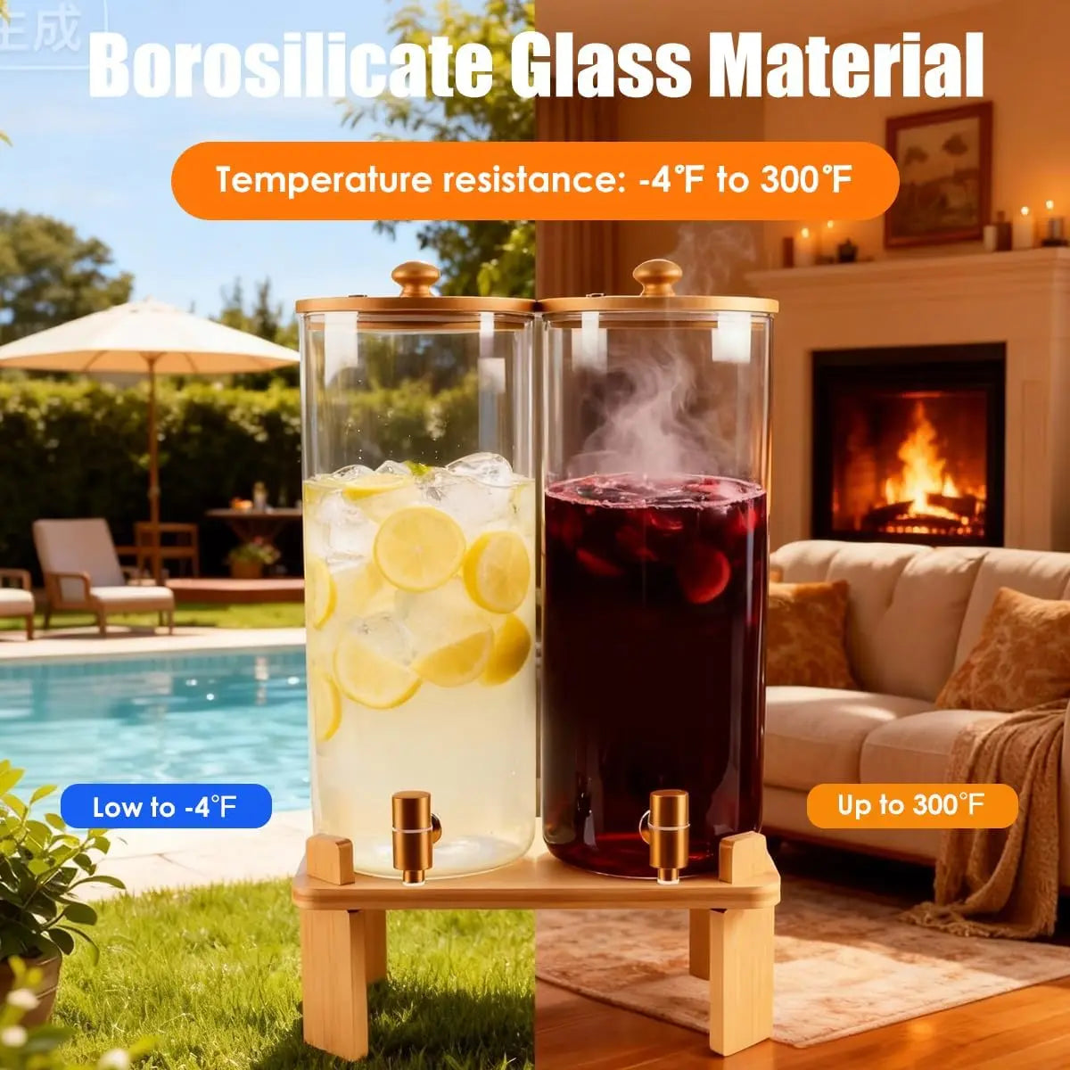 2 Pack 2 Gallon Glass Drink Dispenser with Wood Stand for Parties, Beverage Dispenser with Spigot for Lemonade, Iced Tea, Juice