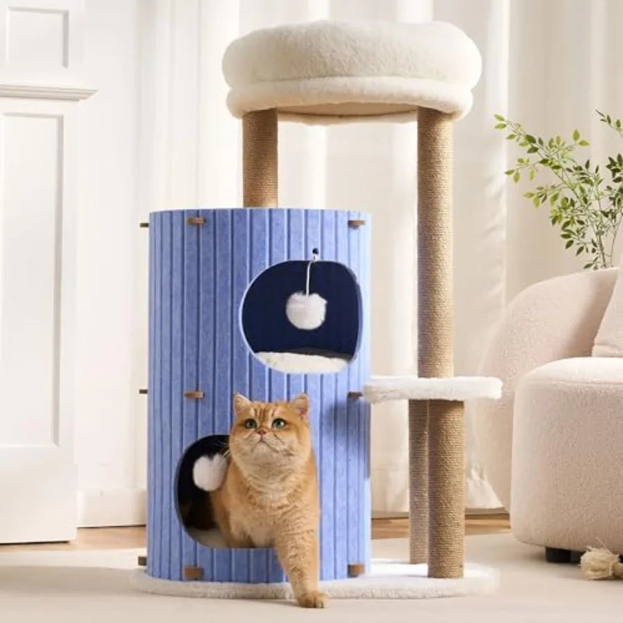 Modern Cat Tree for Indoor Cats Large Adult, 36in H Cat Tree Tower with Scratching Posts, Cozy Cat Bed Cave, Washable Cushions,