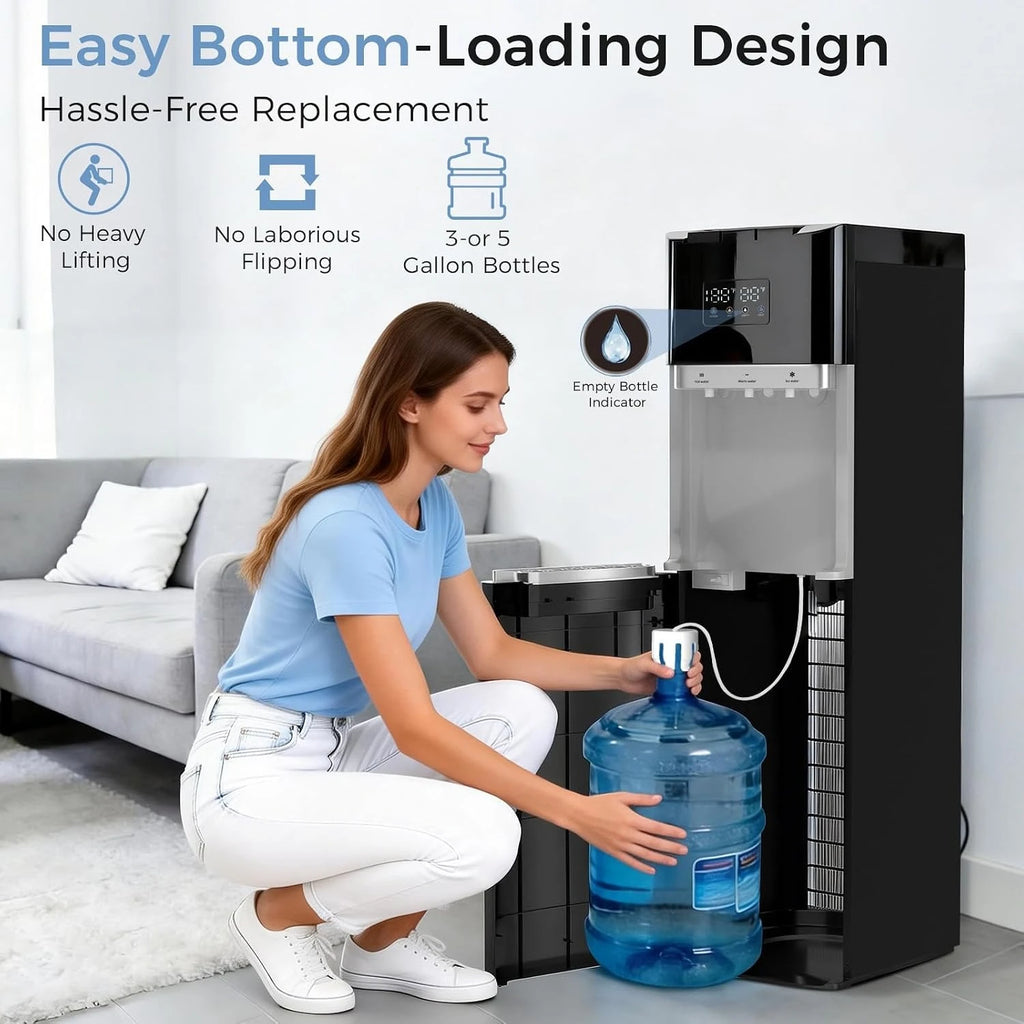 Bottom Loading Water Cooler Dispenser for 3 & 5 Gallon Bottles, Hot, Cold & Room Water, LED Display, Safety Lock