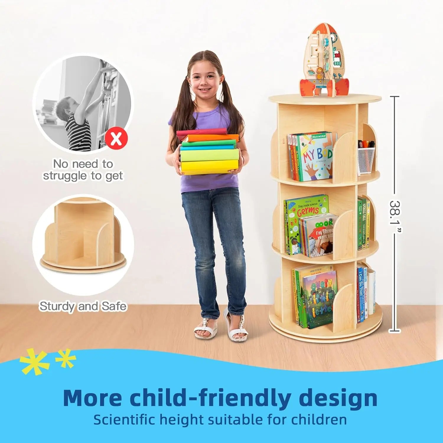 3-Tier Rotating Bookshelf Tower for Kids, 360° Spinning Book Display, Space-Saving Storage for Small Rooms