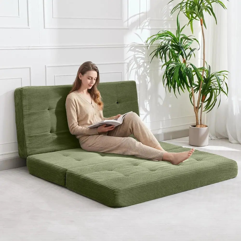 6 Inch Thick Corduroy Twin Size Floor Mattress for Bedrooms, RVs, and Camping (Green, 54.3x75)