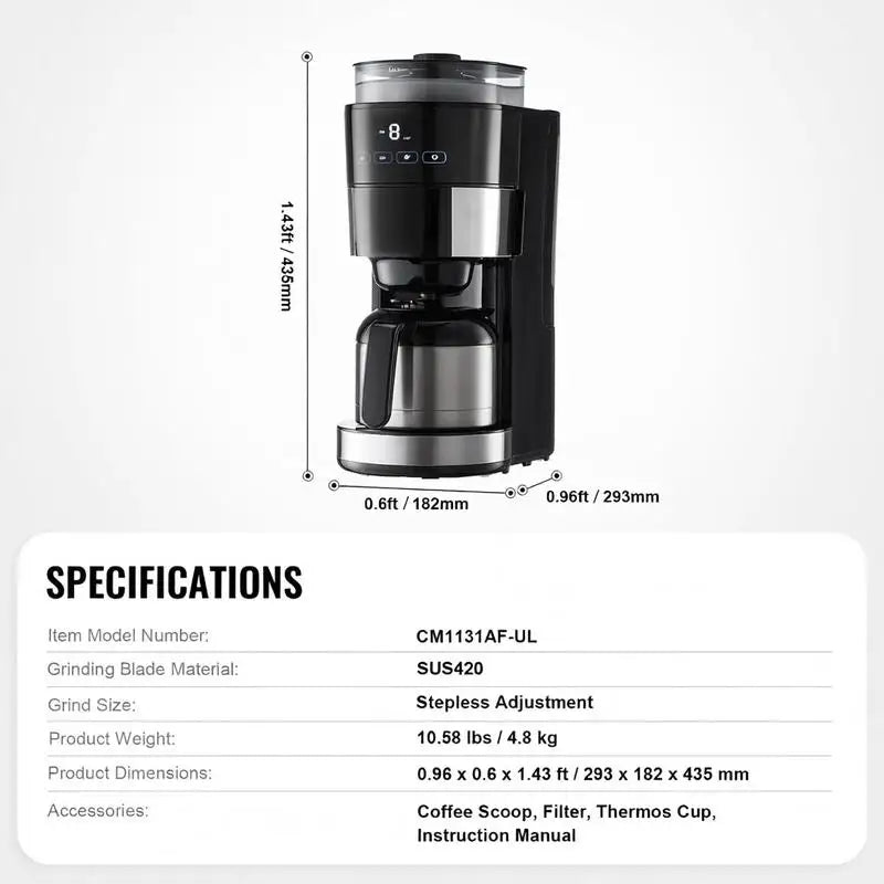 Coffee Maker with Grinder, 8 Cup Programmable Coffee Machine, Grind and Brew Coffee Maker with 24-Hour Timer for Auto Brew, Reusable Filter, for Home Office Restaurant