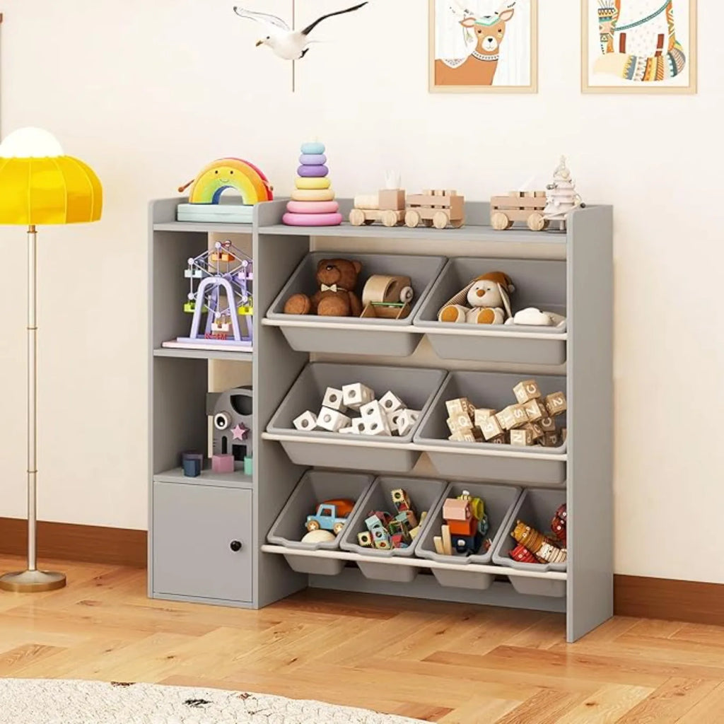 Kids Toy Storage Organizer, 44" L Wooden Bookcase Cabinet w/ 8 Removable Bins, Open Shelves, Kids Display Bookshel or Bedroom, P