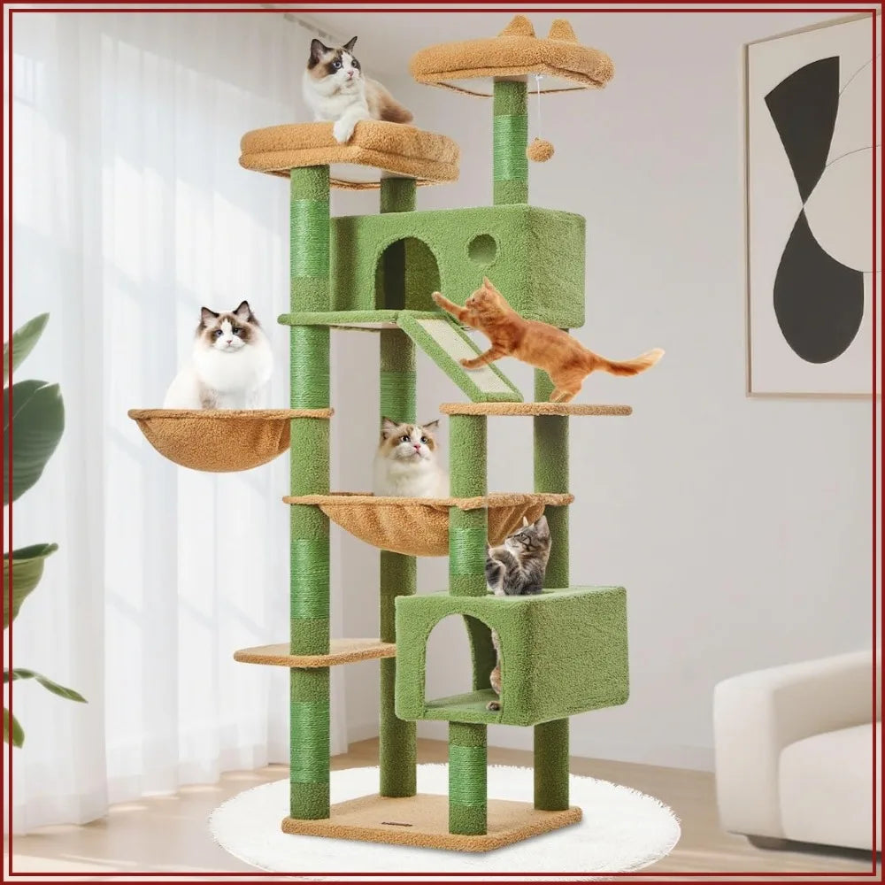 71-Inch Cat Tower for Indoor Cats, Multi-Level Large Cat Condo with 8 Sisal Scratching Posts, Metal Hammock, Scratch Board, 2 Top Perches