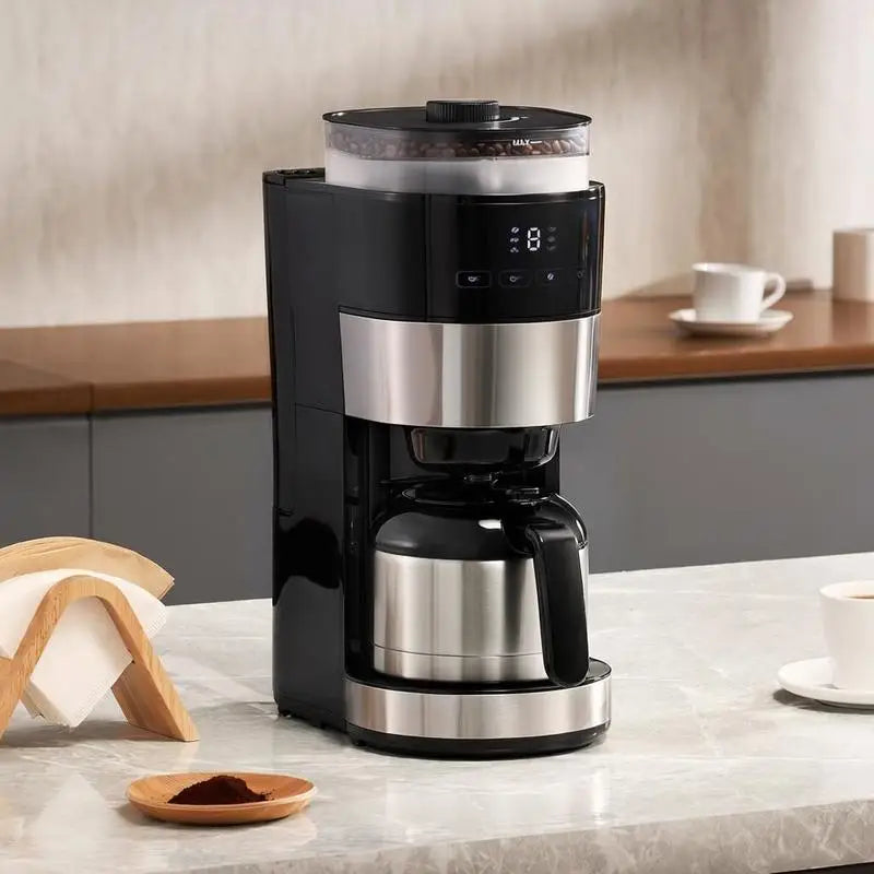 Coffee Maker with Grinder, 8 Cup Programmable Coffee Machine, Grind and Brew Coffee Maker with 24-Hour Timer for Auto Brew, Reusable Filter, for Home Office Restaurant