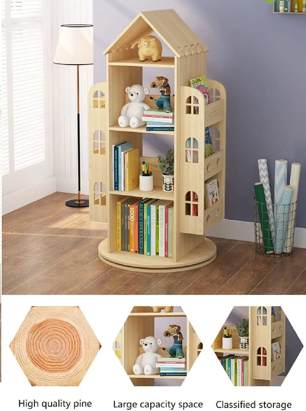 360° Rotating Bookshelf for Kids, Floor Standing Display Rack, Natural Pine Wood