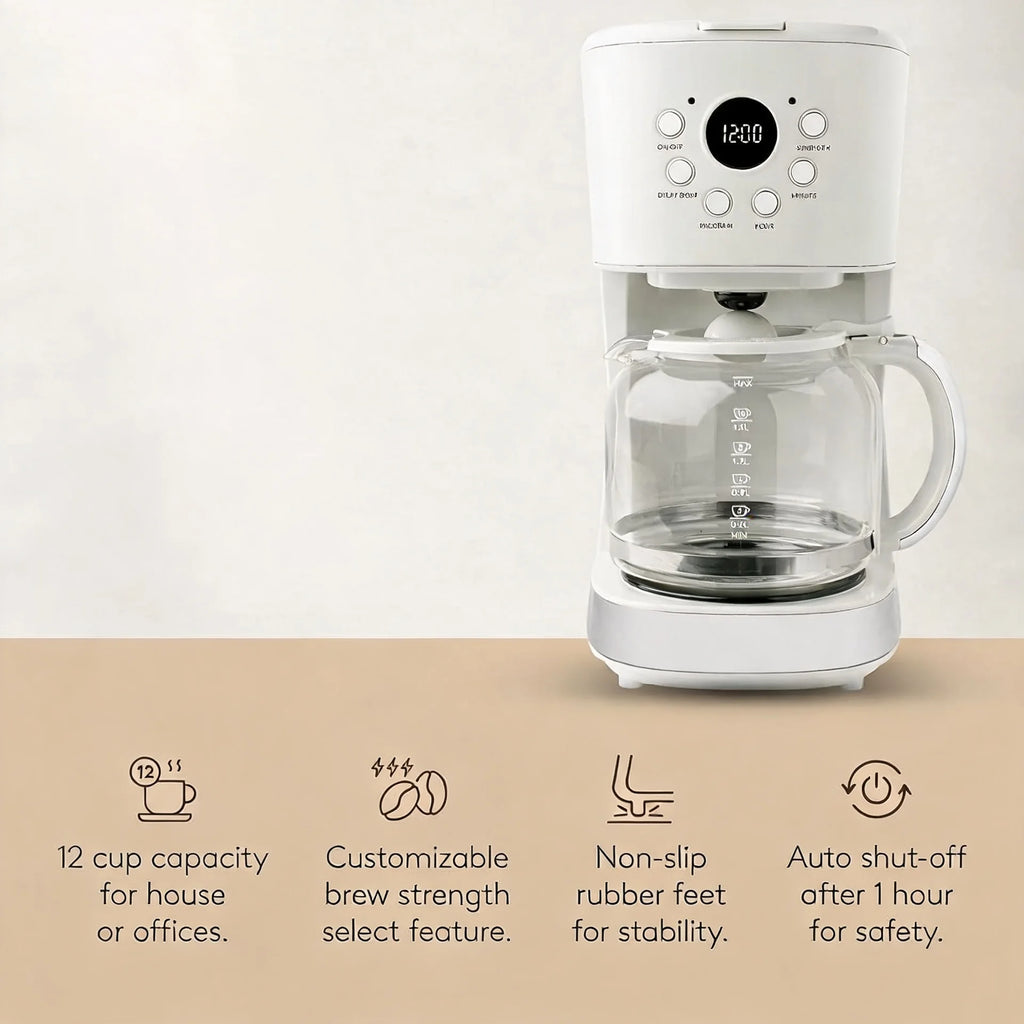 Coffee Machine, 12 Cup Programmable Drip Coffee Maker, Ivory & Chrome