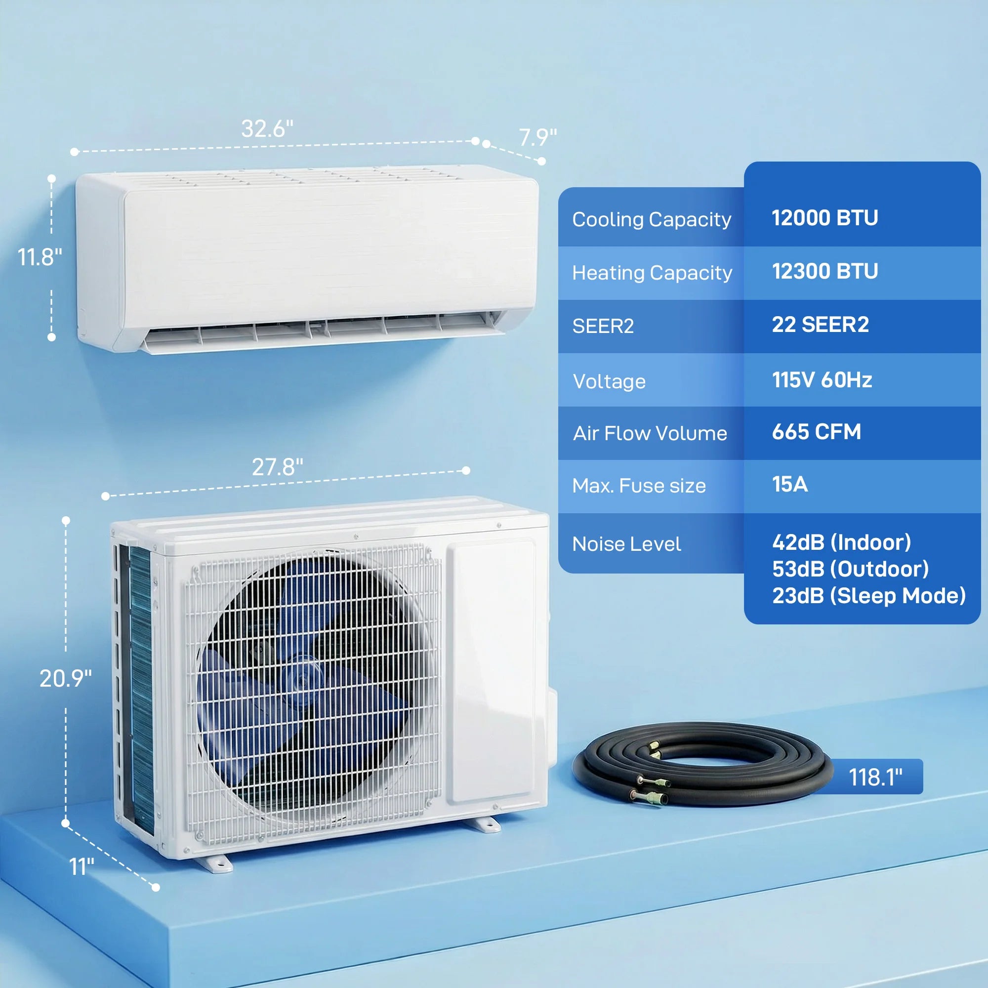 12000 BTU Mini Split AC/Heating System, 22 SEER2 115V Inverter Heat Pump, Works with Alexa and WiFi, Energy Efficient Ductless Air Conditioner Cools 750 Sq.Ft, Complete Installation Kit