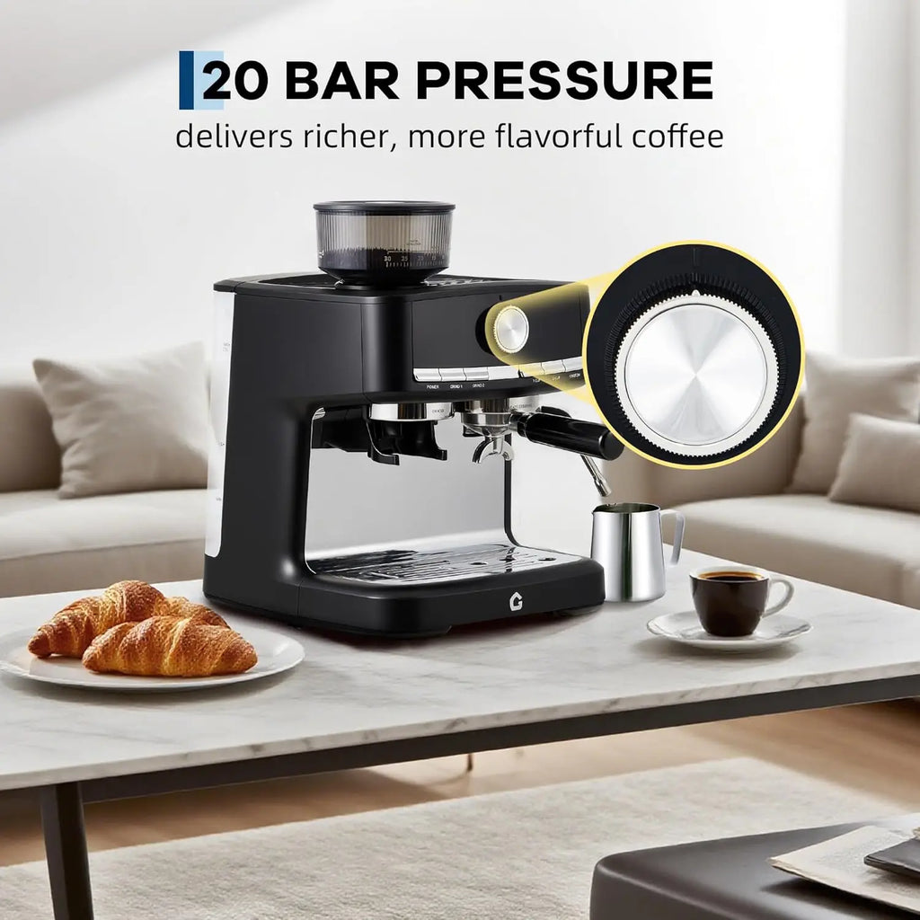 20 Bar Espresso Coffee Machine with Built-in Grinder, Stainless Steel, 1.5L Detachable Water Reservoir, Milk Frother Steam Wand