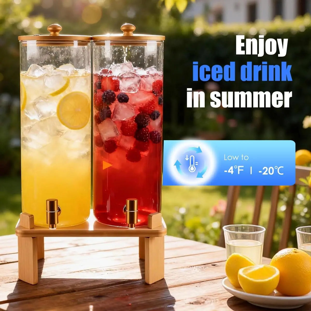 2 Pack 2 Gallon Glass Drink Dispenser with Wood Stand for Parties, Beverage Dispenser with Spigot for Lemonade, Iced Tea, Juice
