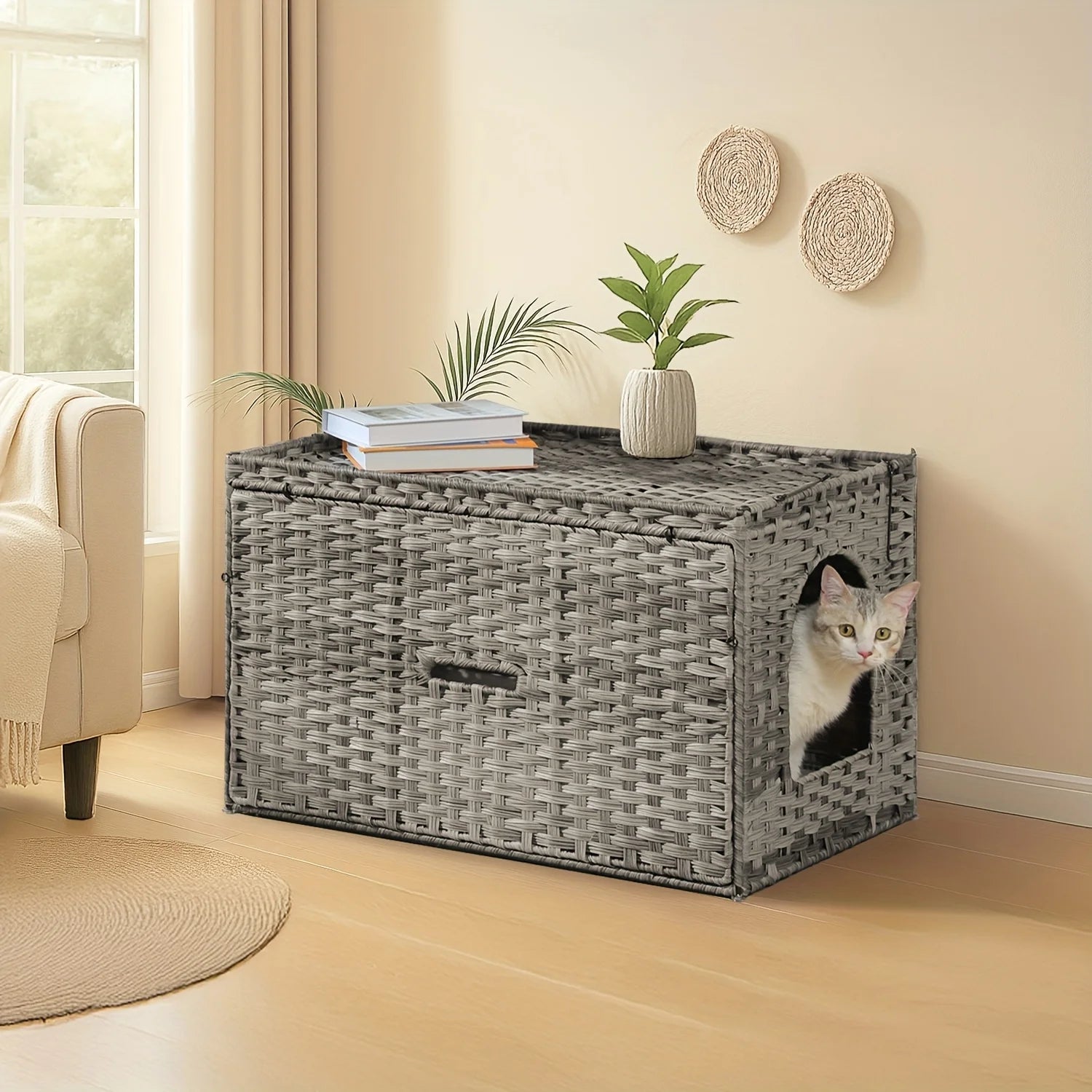 Large Hidden Litter Box Cat House Cabinet for Indoor Cats - Multi-Functional Pet Furniture with Raised Door & Cushion Lip, Handwoven Rattan Design, Easy-Clean Durable Frame, Modern Home Decor in Gray/Black/Beige/Brown - Spaci