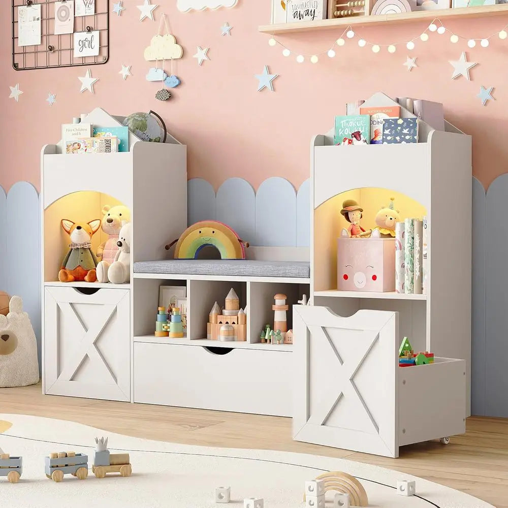Children's Bookshelf with Reading Nook, Storage Organizer, Seat Cushion, LED Lights, and 3 Moveable Desks, Castle-Style for Play