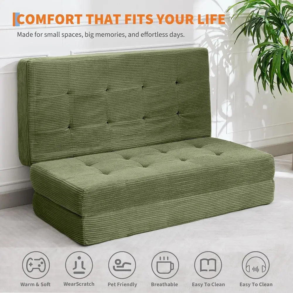 6 Inch Thick Corduroy Twin Size Floor Mattress for Bedrooms, RVs, and Camping (Green, 54.3x75)