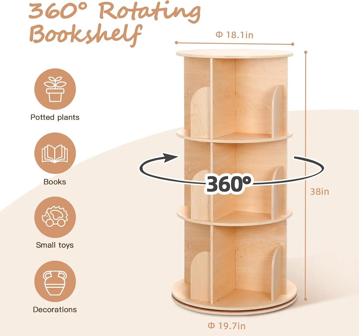 3-Tier Rotating Bookshelf Tower for Kids, 360° Spinning Book Display, Space-Saving Storage for Small Rooms