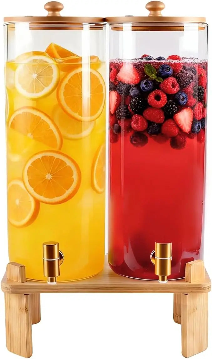 2 Pack 2 Gallon Glass Drink Dispenser with Wood Stand for Parties, Beverage Dispenser with Spigot for Lemonade, Iced Tea, Juice