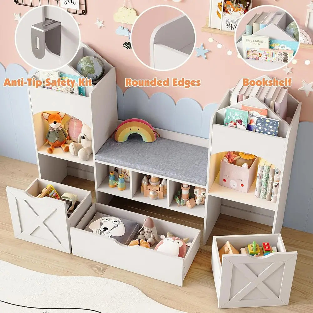 Children's Bookshelf with Reading Nook, Storage Organizer, Seat Cushion, LED Lights, and 3 Moveable Desks, Castle-Style for Play
