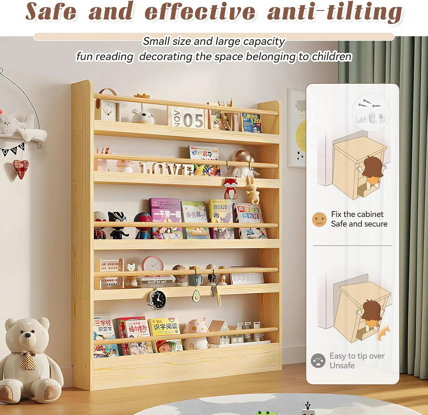 6-Tier Behind Door Bookshelf, Slim Wooden Bookcase for Kids, Space-Saving Storage for Toys & Books, 3.9" Deep