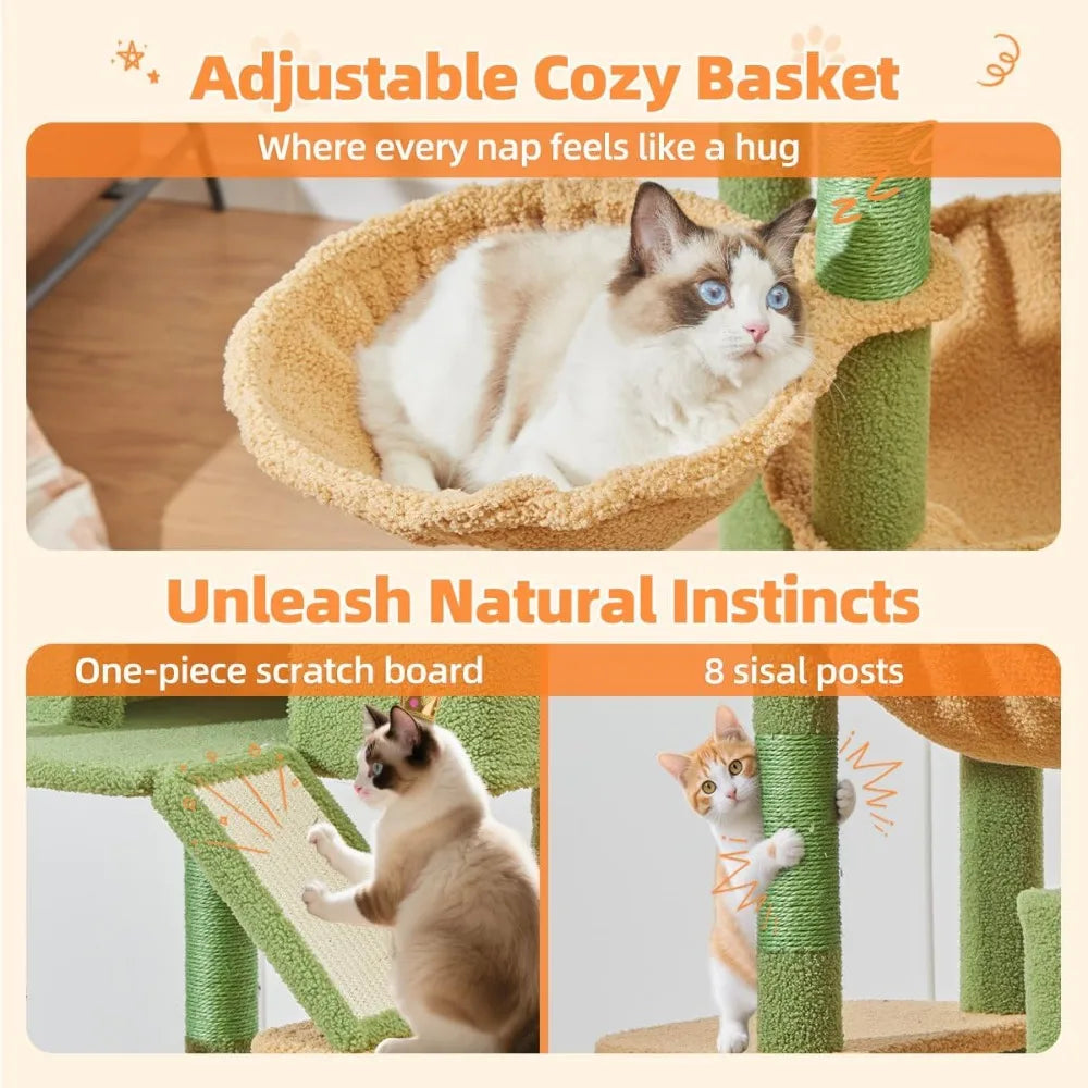 71-Inch Cat Tower for Indoor Cats, Multi-Level Large Cat Condo with 8 Sisal Scratching Posts, Metal Hammock, Scratch Board, 2 Top Perches