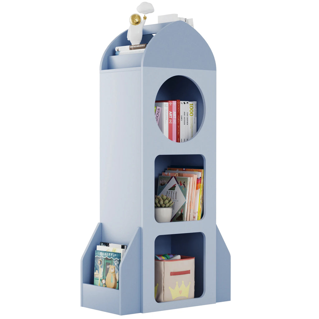 Kids Bookshelf & Toy Storage, 3-Tier Rocket Baby Book Shelf Side shelves, Wood Open Toddler Bookcase, Spacious Display Organizer