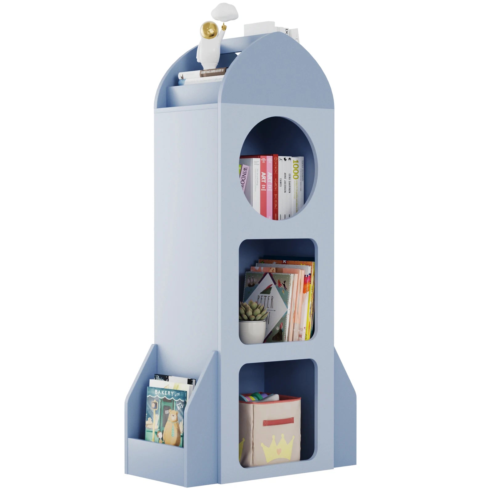 Kids Bookshelf & Toy Storage, 3-Tier Rocket Baby Book Shelf Side shelves, Wood Open Toddler Bookcase, Spacious Display Organizer