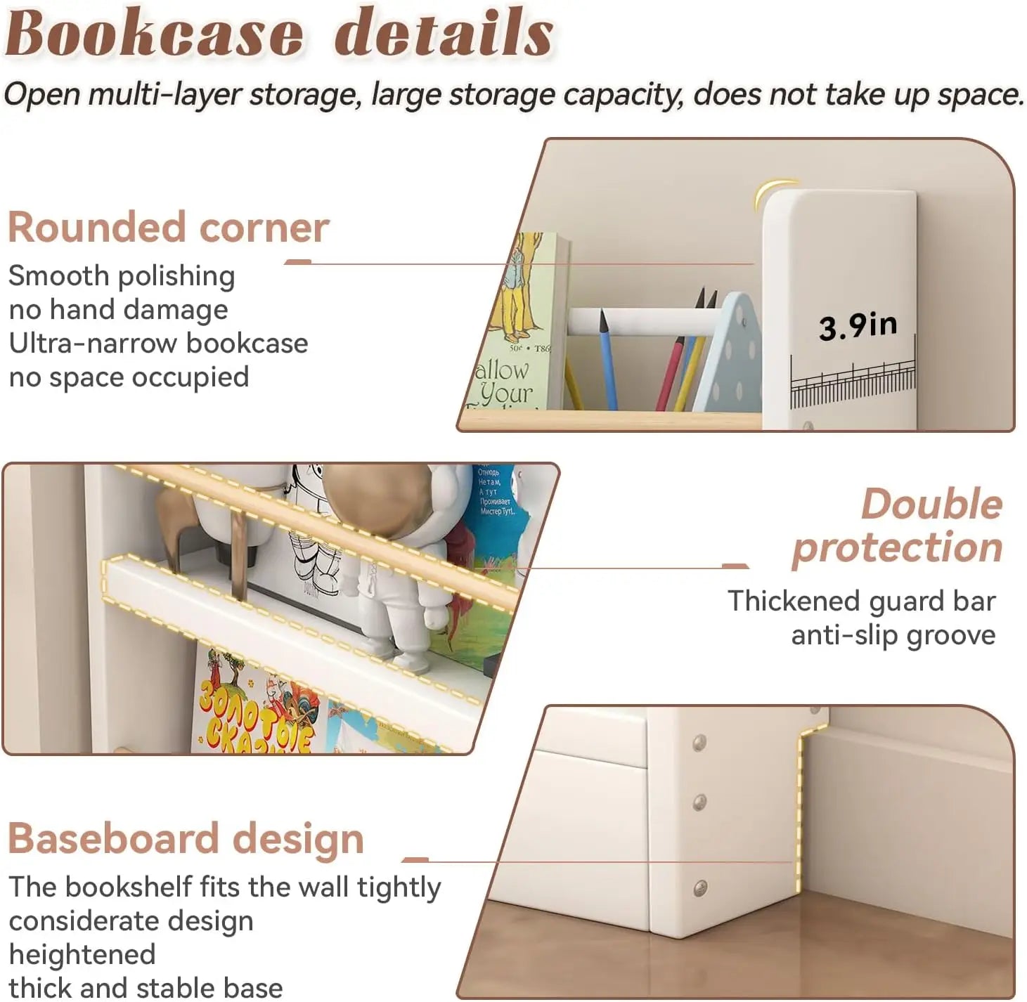 6-Tier Behind Door Bookshelf, Slim Wooden Bookcase for Kids, Space-Saving Storage for Toys & Books, 3.9" Deep