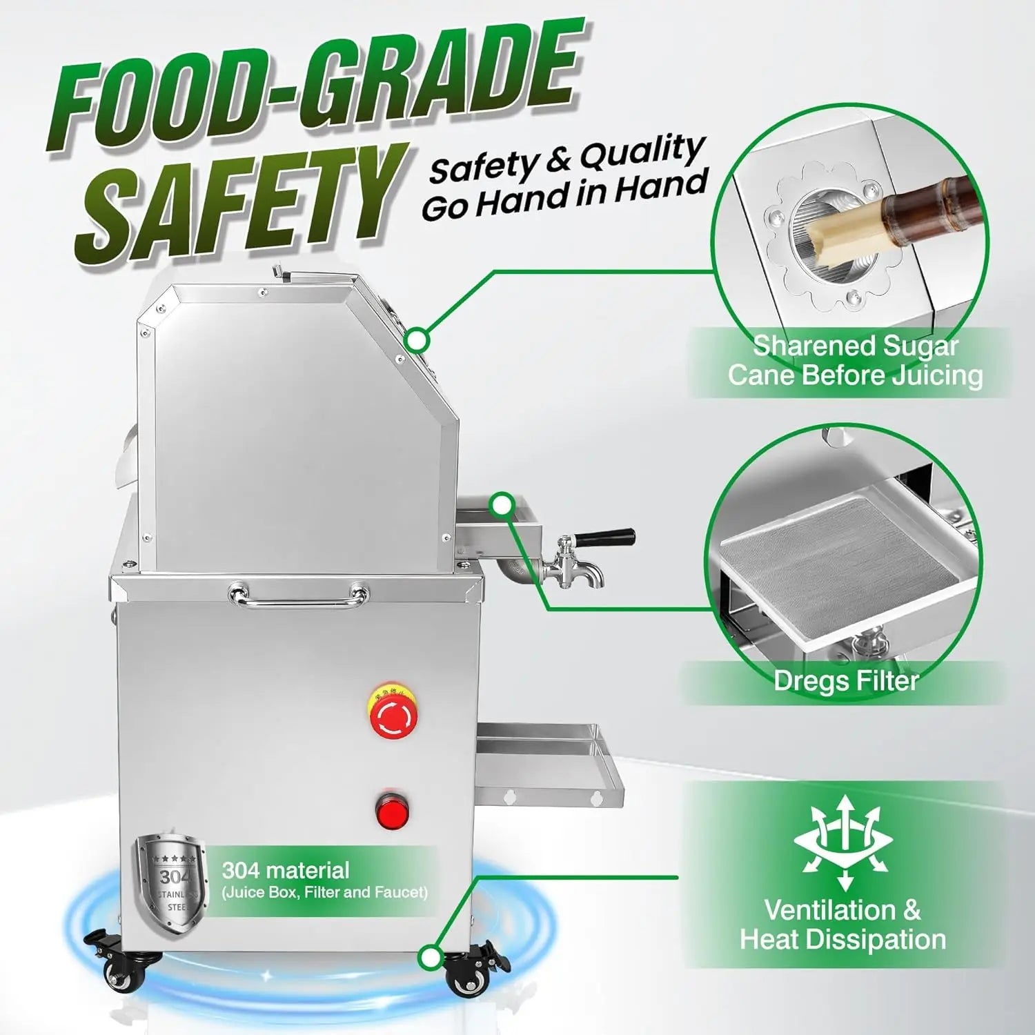 Electric Commercial Sugar Cane Juicer Machine, 800W 110V with 3 Stainless Steel Rollers, Sugar Cane Press Juice Extractor for Ju
