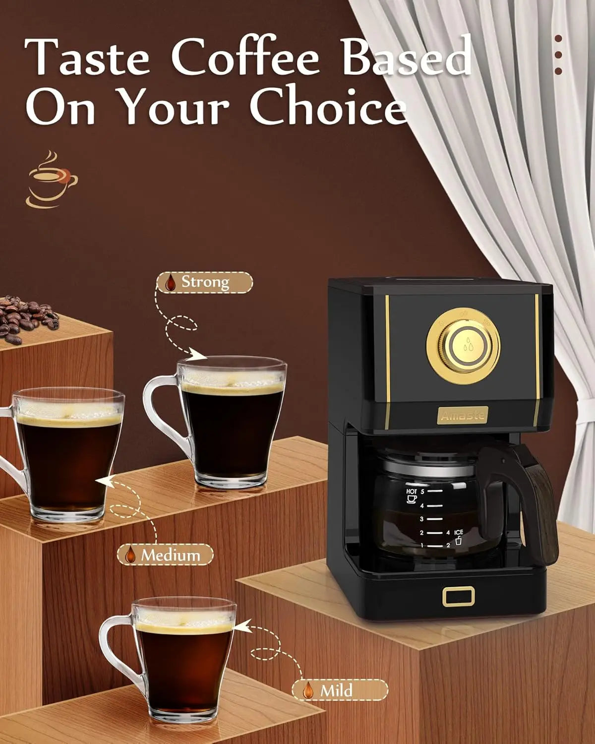 Coffee Maker, 25 Oz Drip Retro Style Coffee Machine with Glass Coffee Pot with Reusable Coffee Filter & Three Brewing Modes,