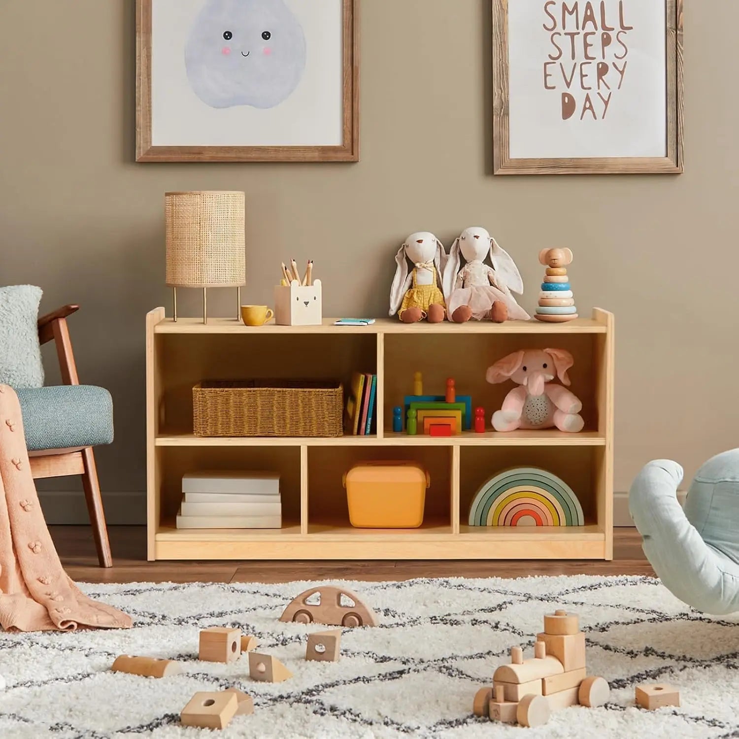 5-Section Wooden Storage Cabinet for Kids, Toy Organizer with 2 Shelves, Classroom and Playroom Shelf