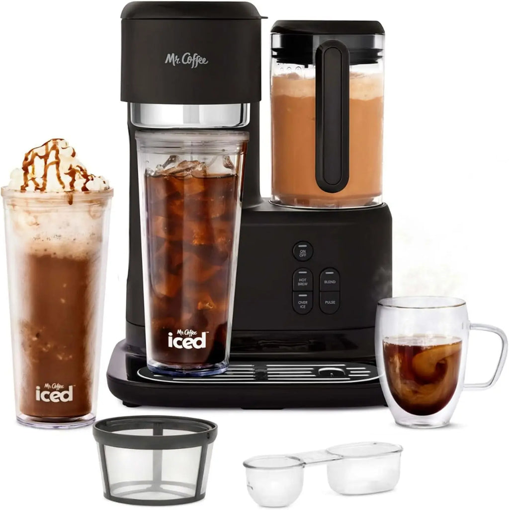 3-in-1 Hot & Iced Coffee/Tea Maker with Built-In Blender, Includes Reusable Filter, Scoop, Recipe Book, 2 Tumblers, Lids, Straws
