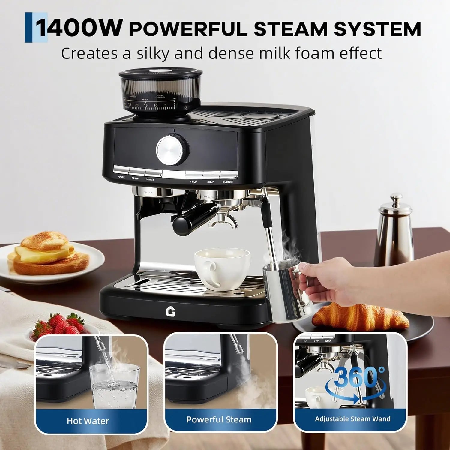 20 Bar Espresso Coffee Machine with Built-in Grinder, Stainless Steel, 1.5L Detachable Water Reservoir, Milk Frother Steam Wand