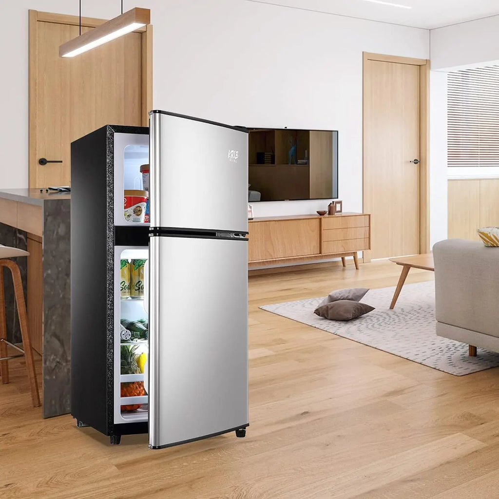 3.5Cu.Ft Compact Refrigerator Mini Fridge with Freezer, Small Refrigerator with 2 Door, 7 Level Thermostat Removable Shelves for Kitchen, Dorm, Apartment, Bar, Office, Silver