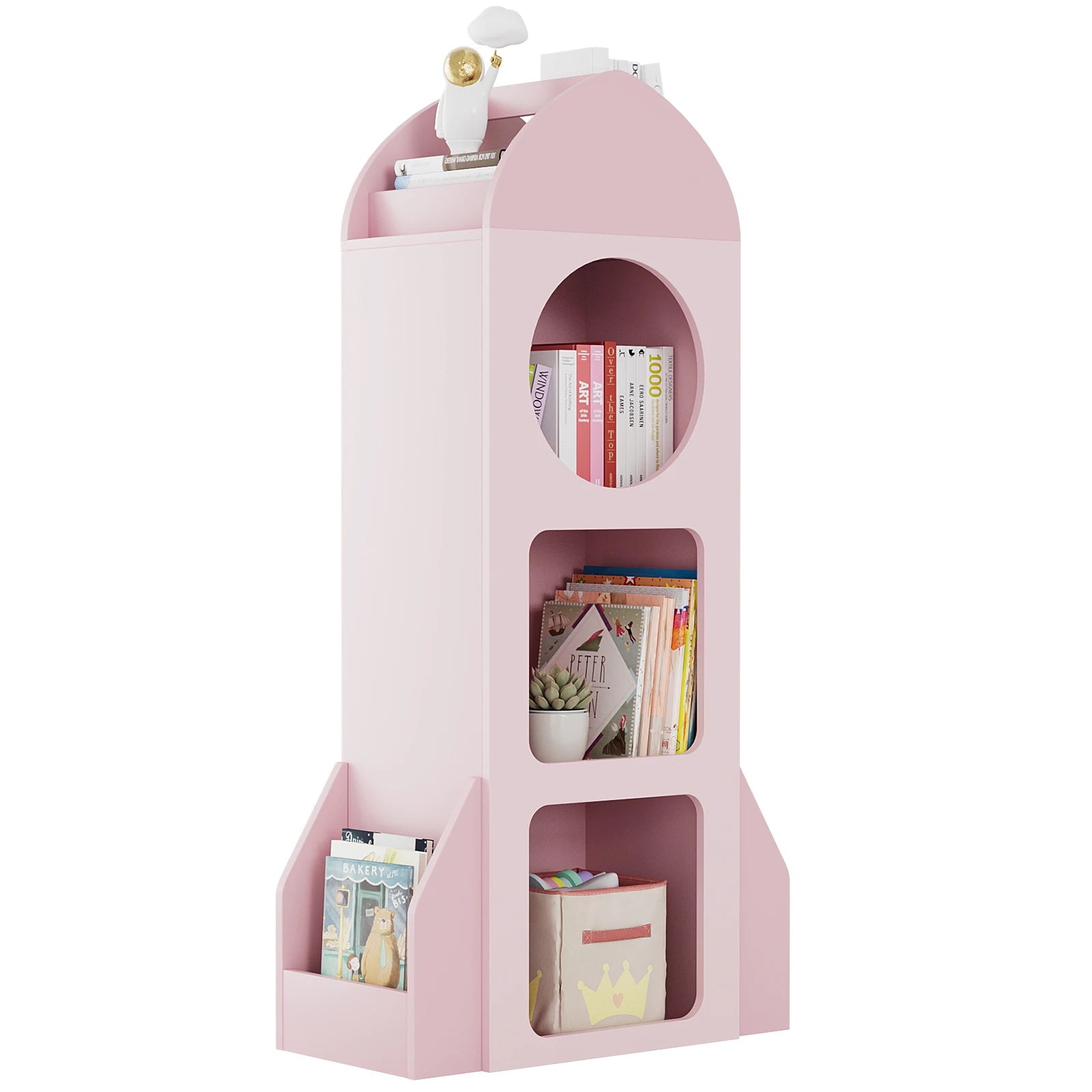 Kids Bookshelf & Toy Storage, 3-Tier Rocket Baby Book Shelf Side shelves, Wood Open Toddler Bookcase, Spacious Display Organizer