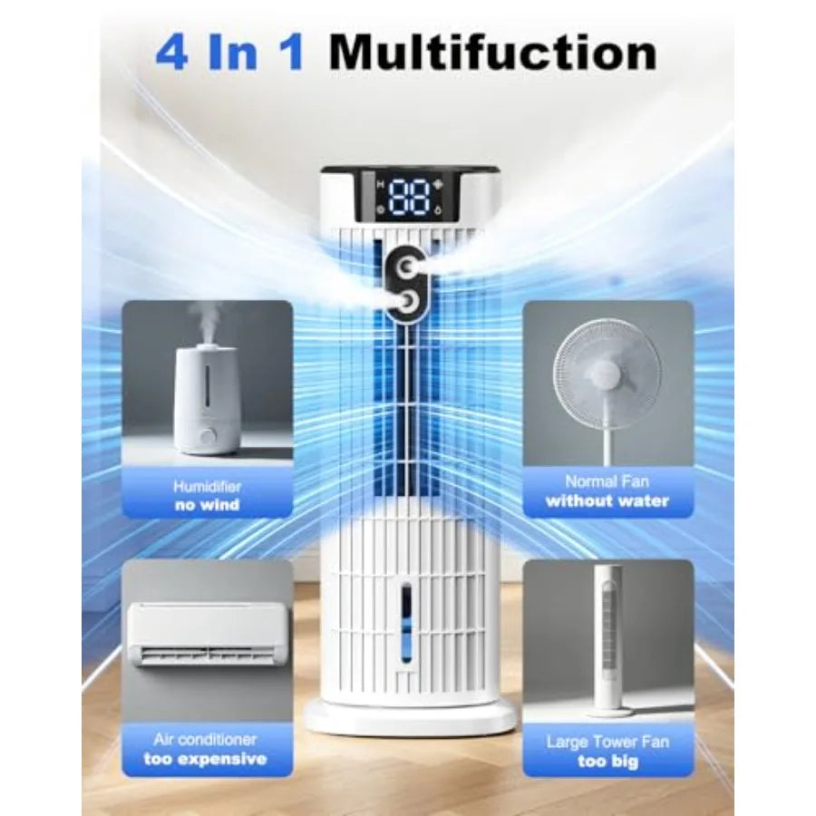 Portable Air Conditioners, 4 in 1 Evaporative Air Cooler, 1000ML Tower Fan with Remote, 3 Wind SpeedsandTurbo Mode, 2 Mist, 10H