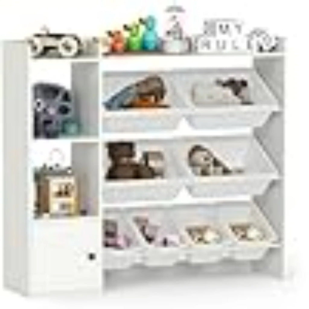 Kids Toy Storage Organizer, 44" L Wooden Bookcase Cabinet w/ 8 Removable Bins, Open Shelves, Kids Display Bookshel or Bedroom, P