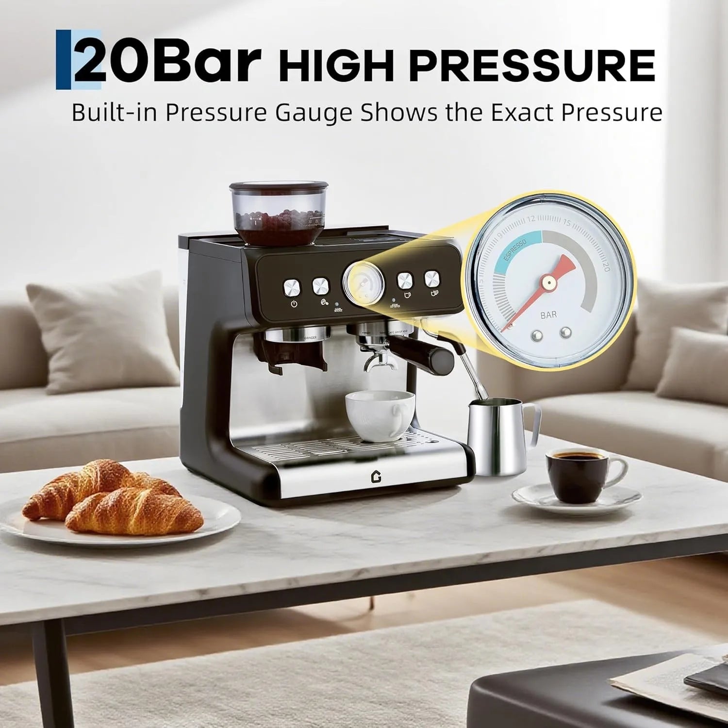 Stainless Steel Espresso Machine with Grinder 20 Bar ＆ 2.8l Removable Tank