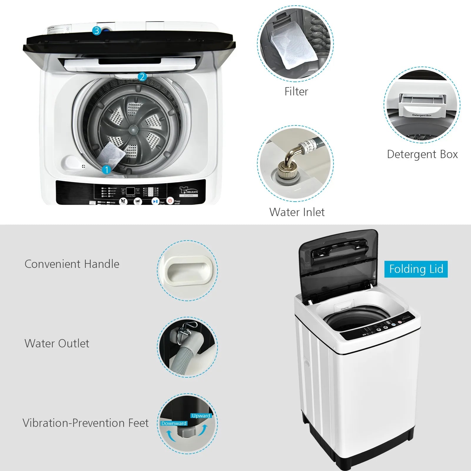 Full-Automatic Washing Machine 1.5 Cu.Ft 11 LBS Washer & Dryer White